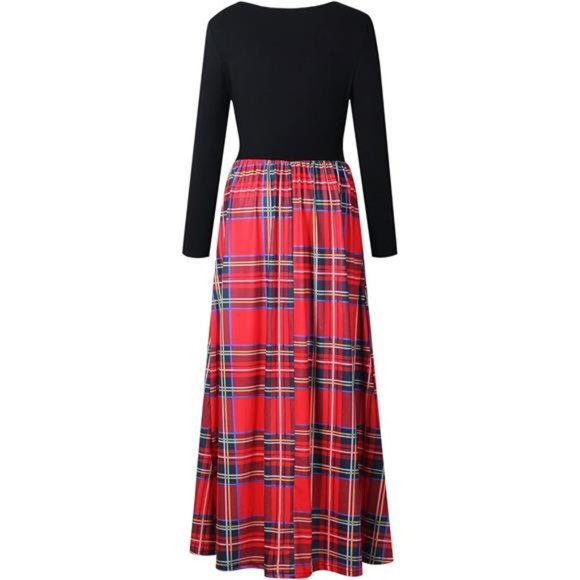Women's Long Sleeve Plaid‎ Empire Waist Full Length Maxi Dress with Pockets - Picture 6 of 6